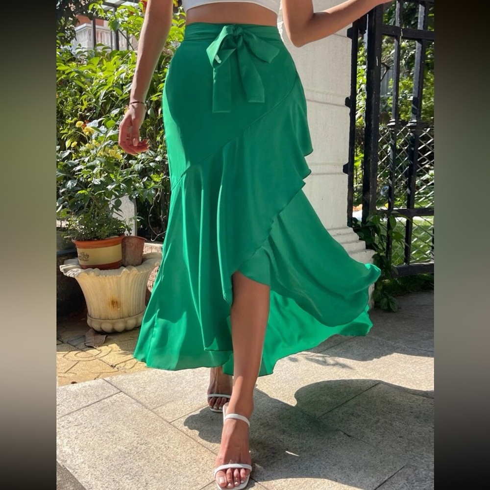 Boho green ruffle trim wrap hem maxi skirt